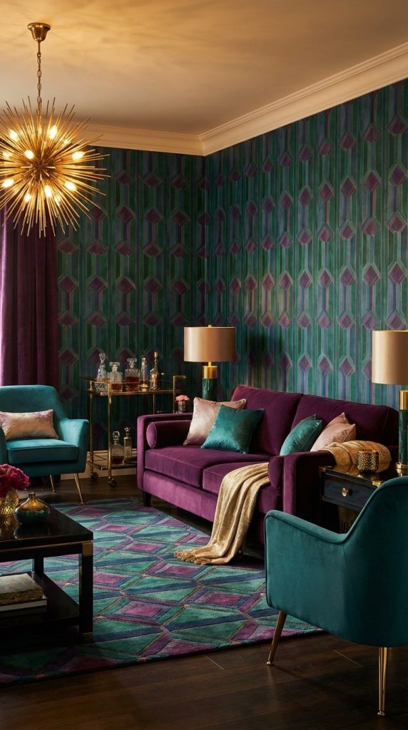 Vibrant art deco living room idea with emerald and plum velvet seating, green and purple geometric wallpaper, brass starburst chandelier, and patterned rug.