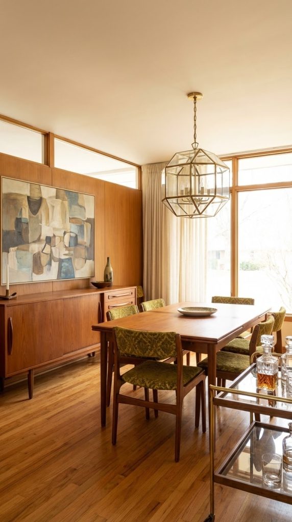 Teak paneled wall, walnut table, olive jacquard chairs, and brass glass lantern chandelier in a vintage dining room idea.