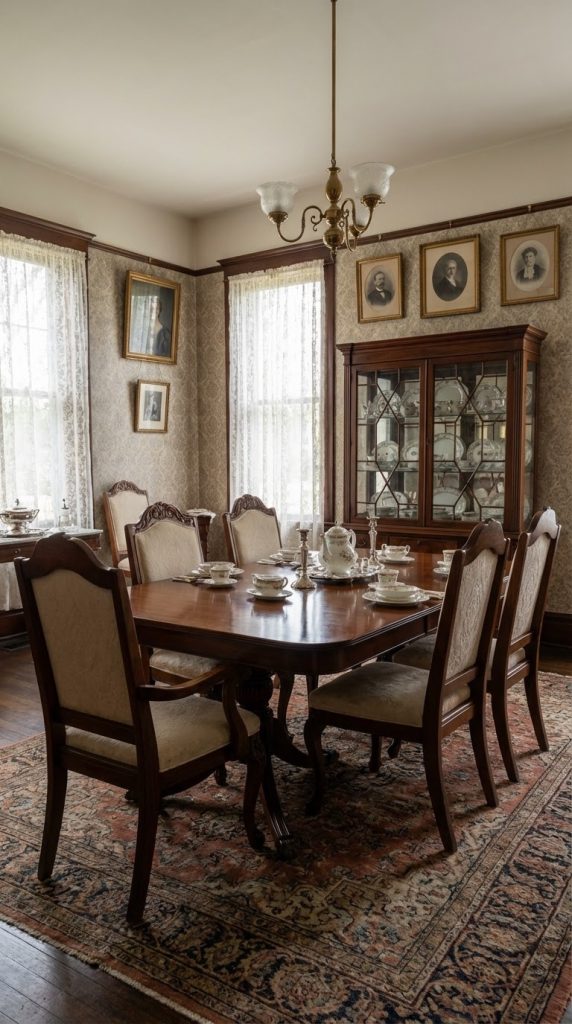 Hardwood dining table, carved chairs, floral damask wallpaper, wool Persian carpet, and leaded glass china cabinet in a vintage dining room idea.