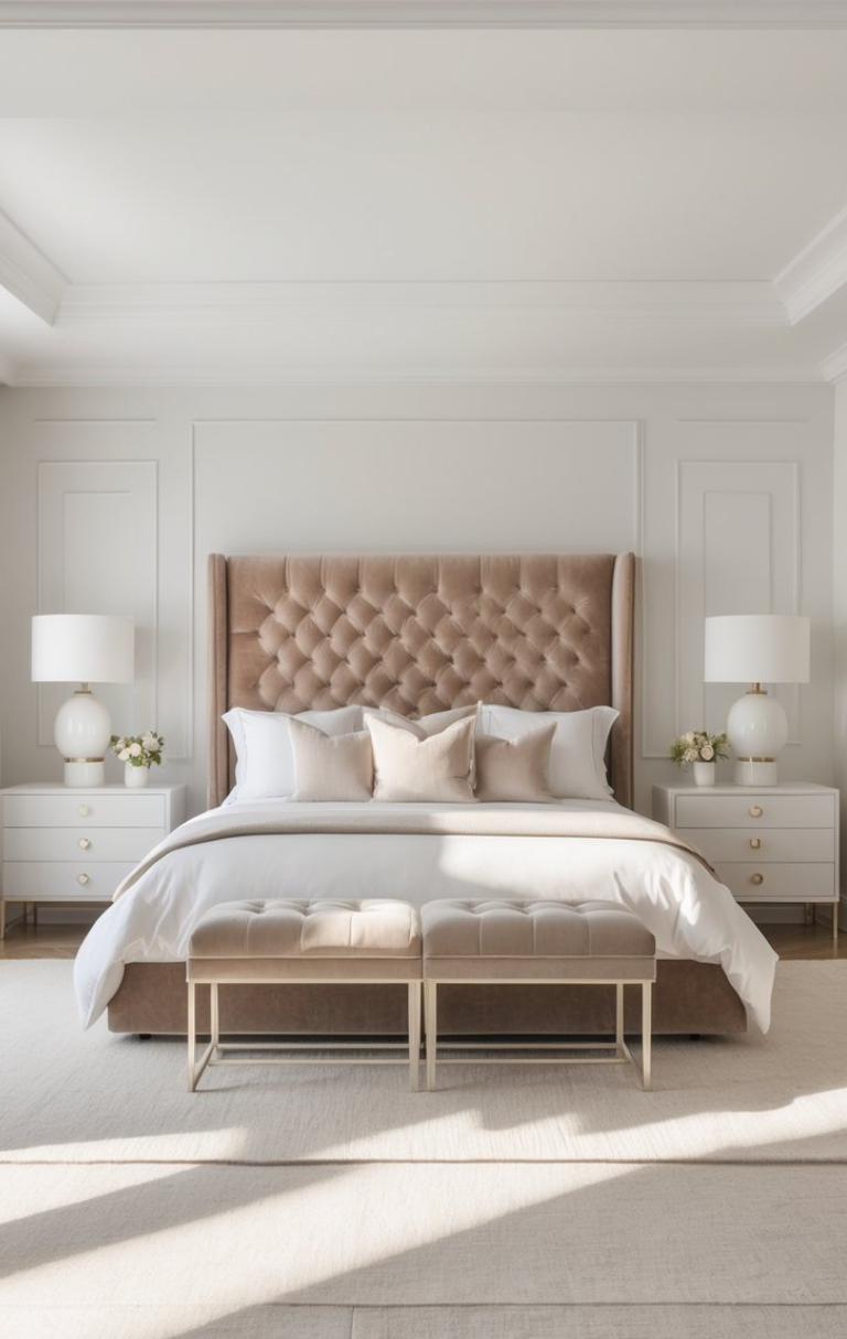A beautifully designed bedroom featuring a tufted beige headboard, white bedding with decorative pillows, and a light-colored bench at the foot of the bed. The room has two bedside tables with lamps and flowers, and large windows allowing natural light to fill the space.