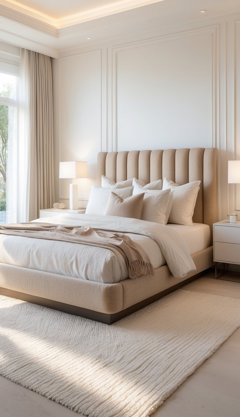 A modern bedroom featuring a large beige upholstered bed with multiple decorative pillows, a cozy beige blanket draped over the side, and white nightstands with lamps. Natural light floods the room through large windows adorned with light curtains and a textured cream rug is placed on the wooden floor.