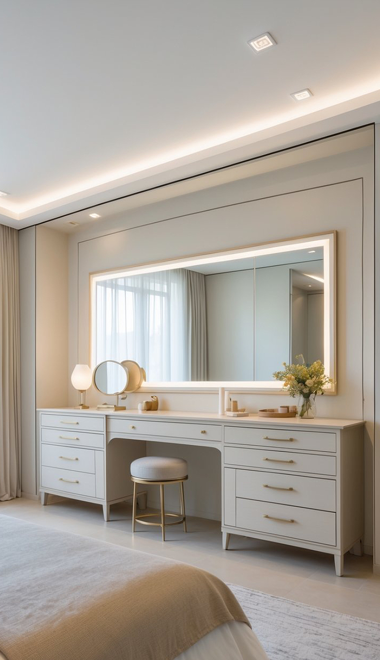 A modern bedroom featuring a white dresser with gold handles, a round mirror, and a soft tufted stool. Above the dresser is a large illuminated mirror, and there are light curtains framing a window in the background. The decor is minimalist with a neutral color palette.