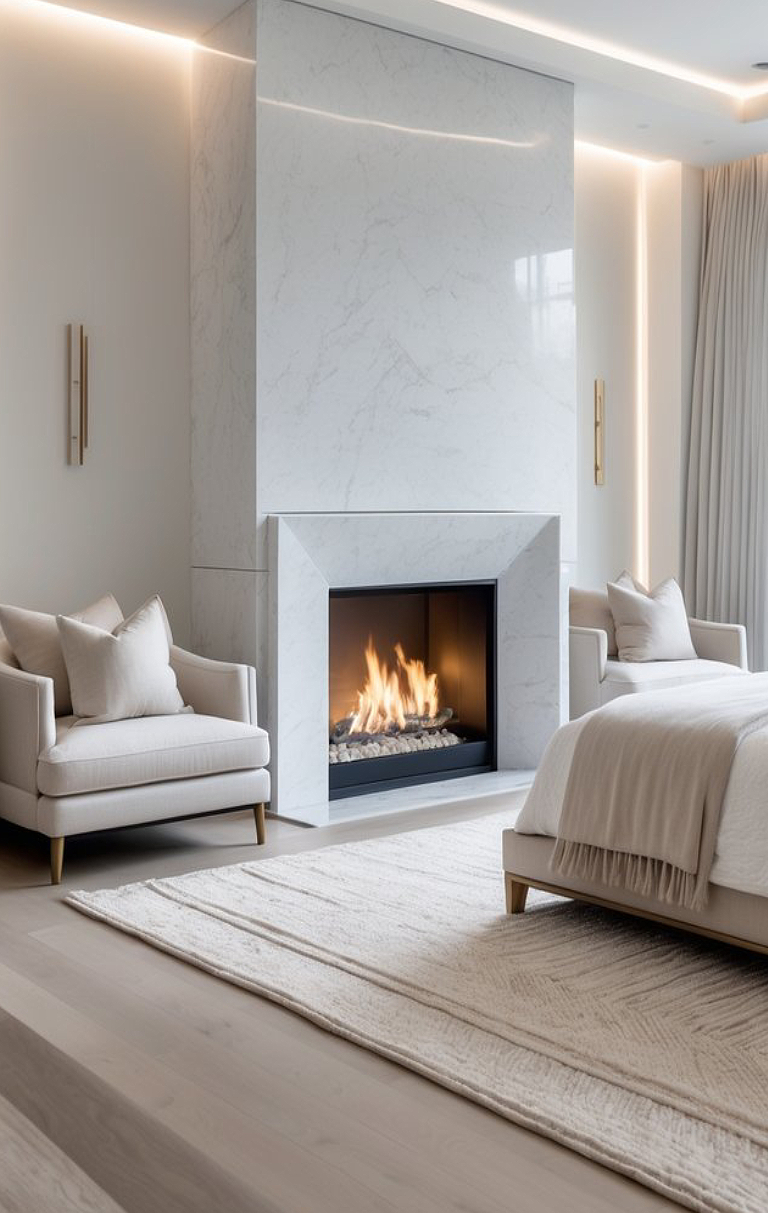 A cozy modern bedroom featuring a sleek marble wall with an elegant fireplace, two plush armchairs with beige cushions, and a large bed with a light throw blanket, all set on a textured cream rug and wooden flooring.
