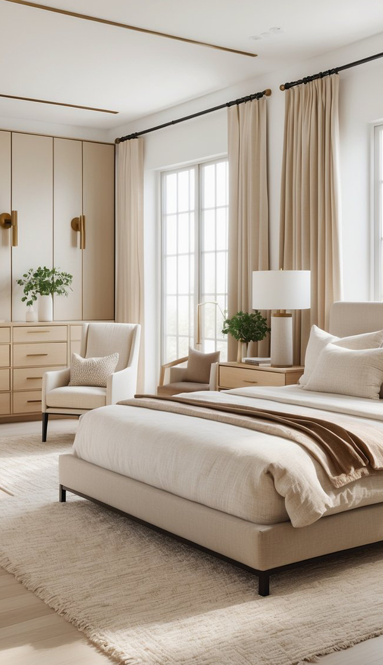 A modern bedroom featuring a beige upholstered bed with a light blanket, accented by a cream rug. There are light-colored curtains framing large windows, and a neutral armchair alongside a small side table. A dresser with vertical lines and brass handles is also visible, topped with a plant and a lamp.