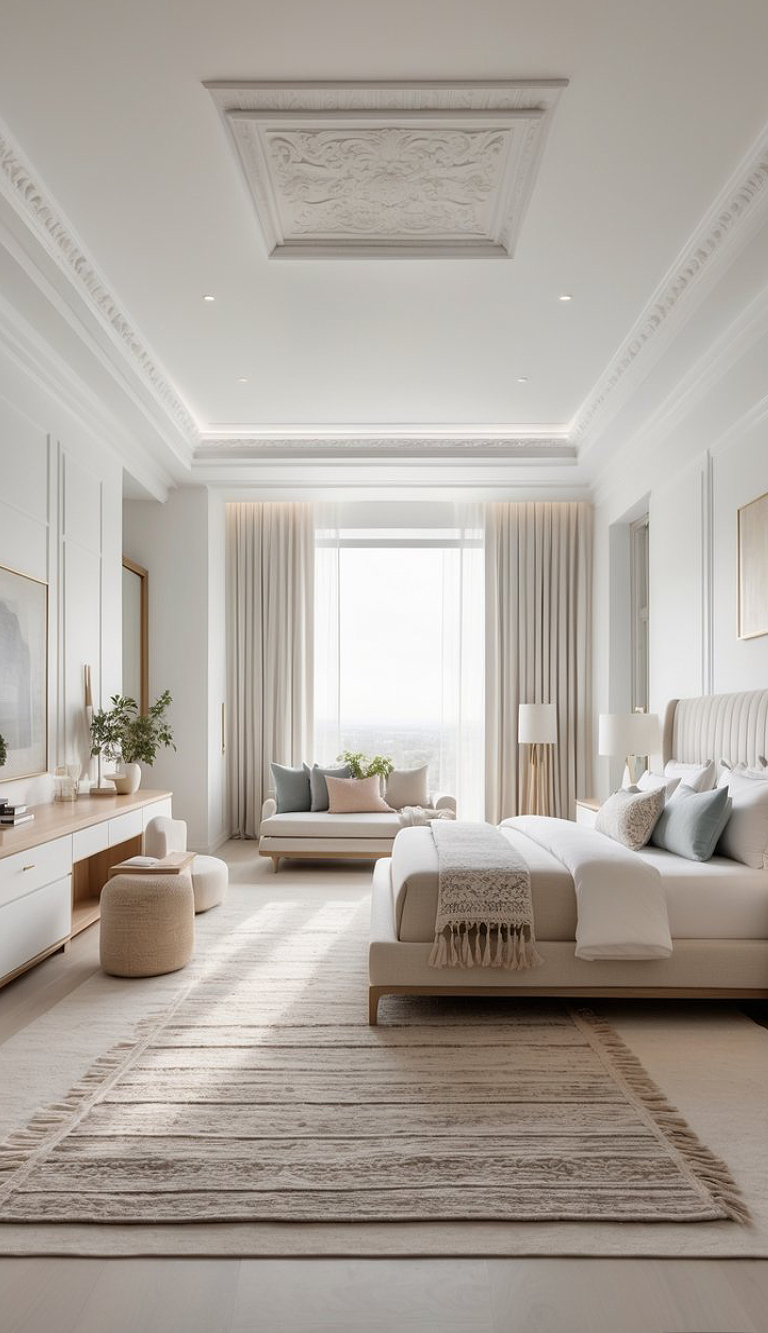 A modern bedroom featuring a king-sized bed with a light gray headboard, a chic daybed, and a large window with sheer curtains allowing natural light. The room includes decorative pillows in soft colors, a woven area rug with fringes, a small round ottoman, and a wooden dresser with plants and decorative objects.