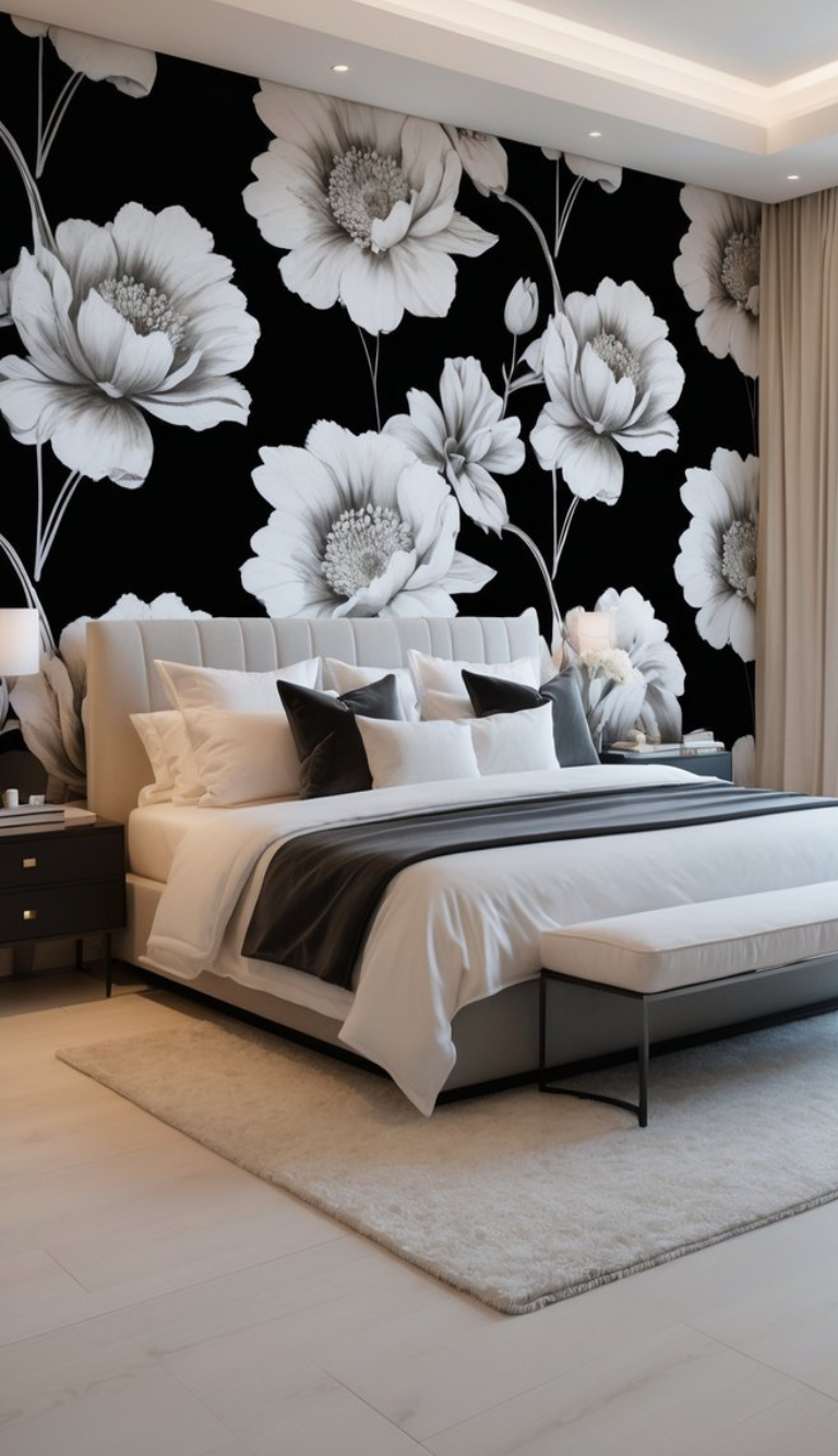 A stylish bedroom featuring a large bed with white and gray bedding, a black wall adorned with large white floral patterns, a plush white rug on light wooden flooring, and bedside tables with lamps.
