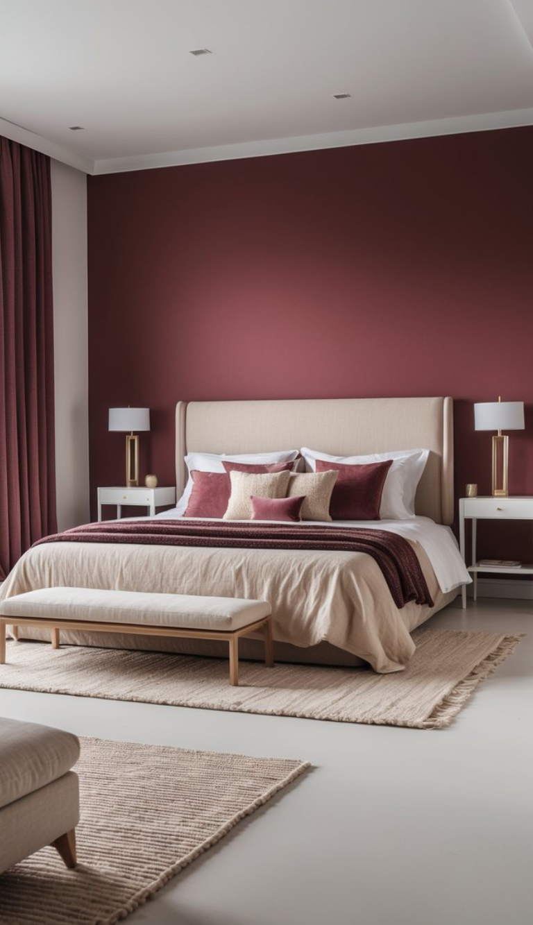 A modern bedroom featuring a burgundy accent wall, a beige upholstered bed with decorative pillows, a light-colored bedspread, and two white nightstands with lamps. A bench sits at the foot of the bed, and textured rugs add warmth to the space.