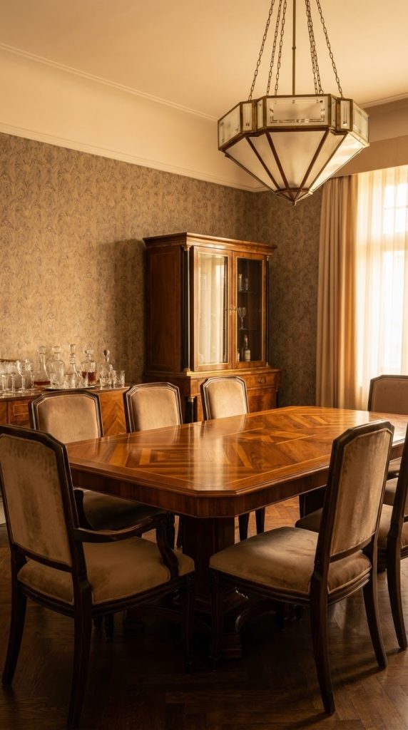 High-gloss walnut veneer table, beige velvet chairs, crystal decanters, walnut display cabinet, and brass chandelier in a vintage dining room idea.
