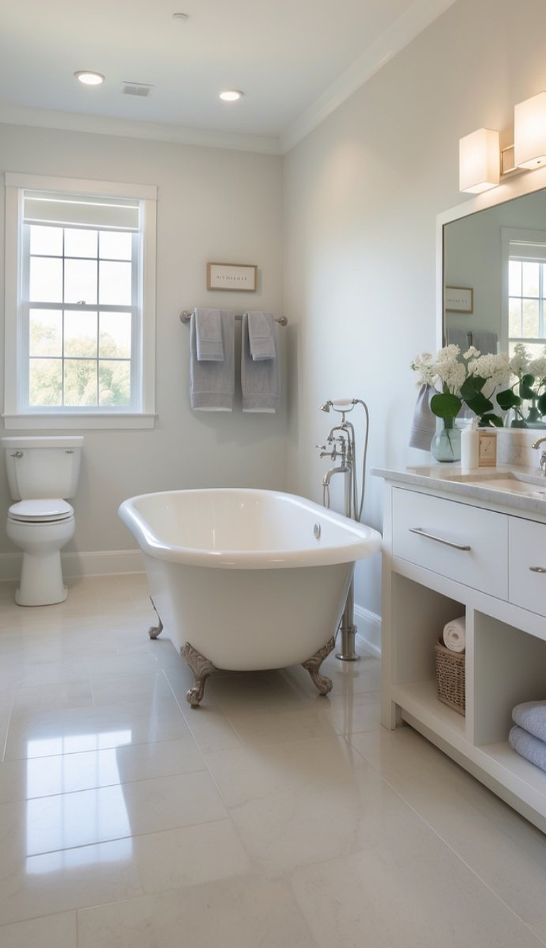 A modern bathroom featuring a freestanding white bathtub on claw feet, a white vanity with a marble top, and elegant lighting. Gray towels are neatly hung on a towel rack, and a small vase with white flowers sits on the counter. A large window allows natural light to fill the space.