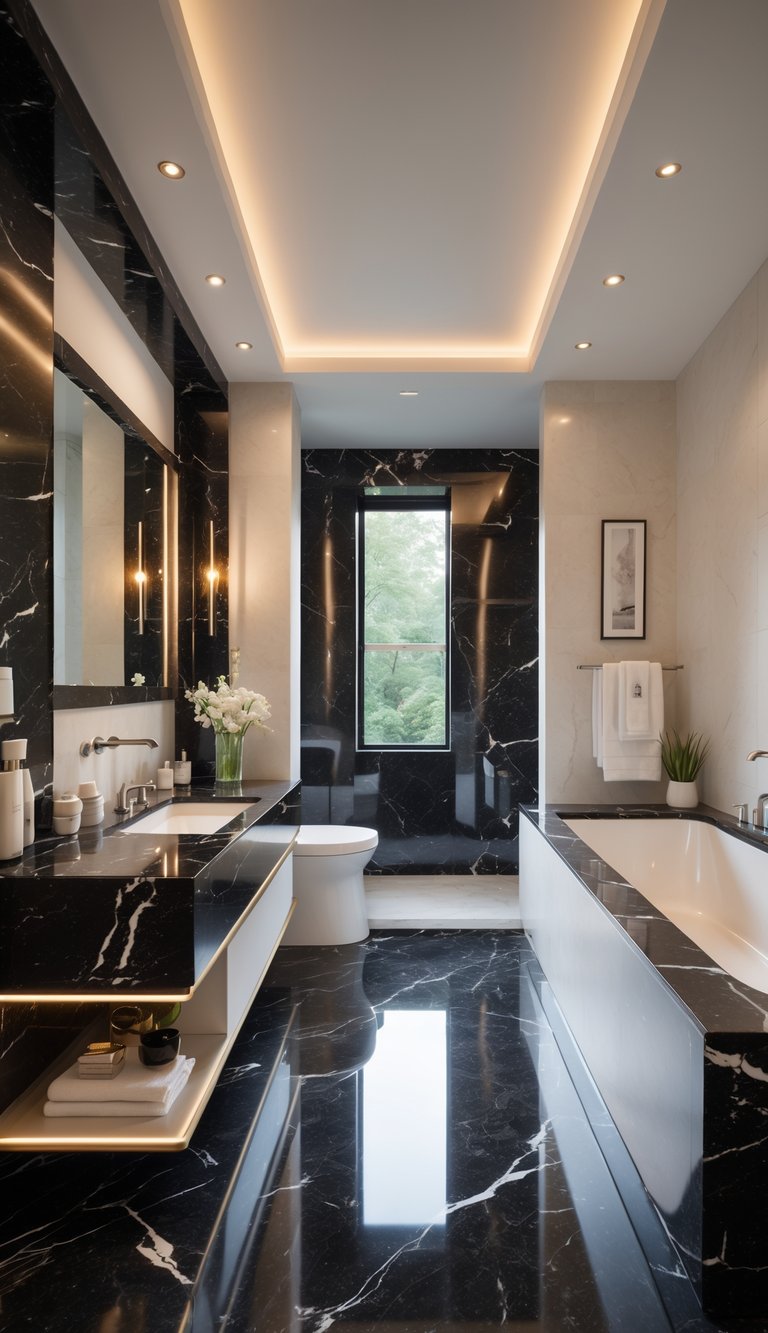 A sleek modern bathroom featuring dark marble walls and floors, a large mirror with soft lighting, a window revealing greenery outside, a freestanding bathtub, a spacious sink area with decorative accessories, and a white toilet.