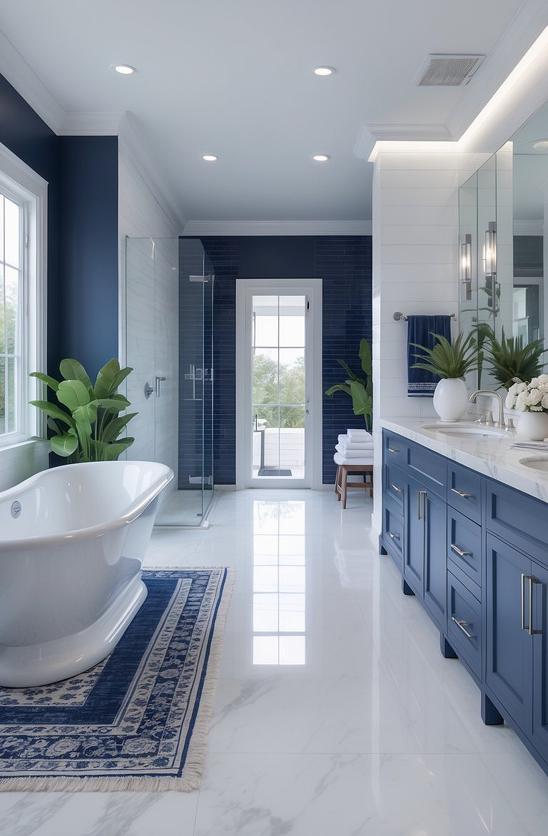 Bright and modern bathroom featuring a freestanding white bathtub on a patterned blue mat, a glass shower enclosure, dark blue walls, and a double vanity with marble countertops, surrounded by lush green plants and natural light from large windows.