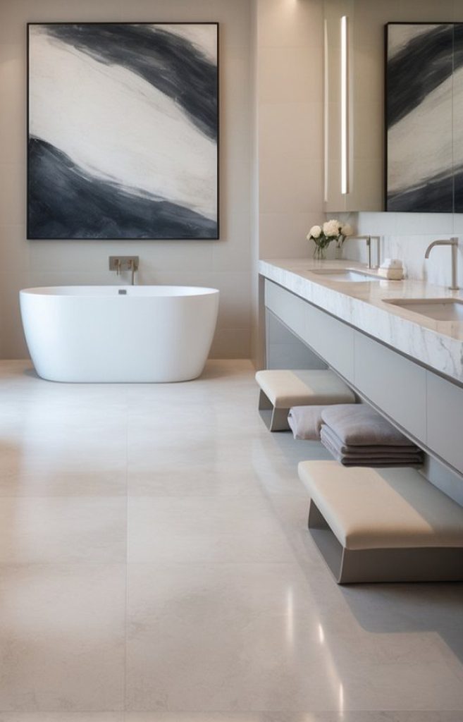 A modern bathroom featuring a freestanding white bathtub, a double-sink vanity with a marble countertop, and two large abstract paintings in shades of grey and white on the walls. The floor is light-colored tile, and there are two soft benches with light-colored cushions and neatly stacked towels nearby.