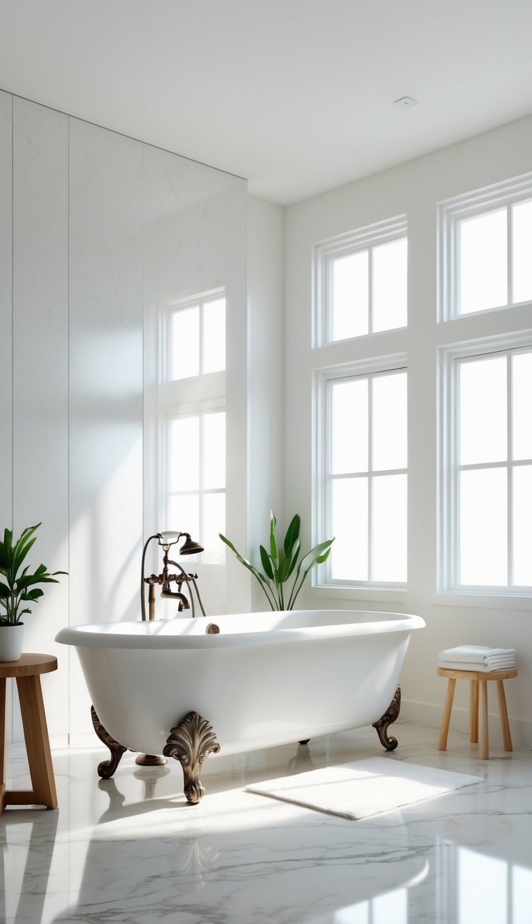 A bright, modern bathroom featuring a white freestanding bathtub with ornate bronze feet, surrounded by large windows letting in natural light, two green potted plants, a small wooden stool, and a fluffy bath mat on a marble floor.