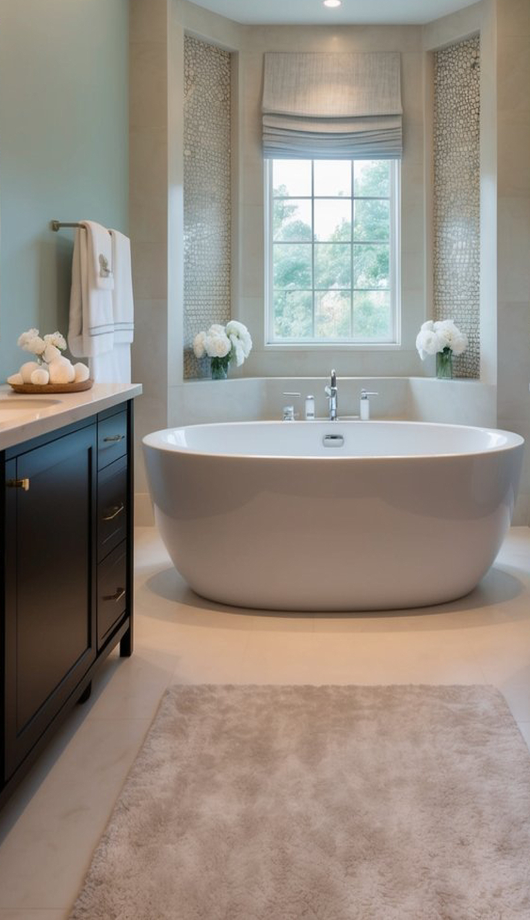 A modern bathroom featuring a freestanding white bathtub, dark cabinetry, and white towels. The room is bright with natural light coming through a large window, adorned with a soft gray window treatment and flanked by small floral arrangements. A plush gray rug is positioned on the floor.