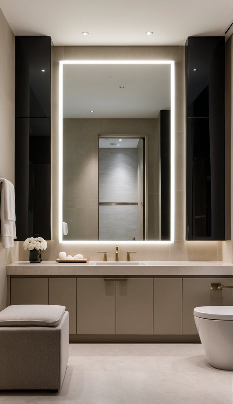 A modern bathroom featuring a sleek double vanity with gold faucets, a backlit rectangular mirror, and dark cabinetry. A small ottoman sits near the vanity, and a white toilet is positioned in the corner against a light-colored tiled floor.