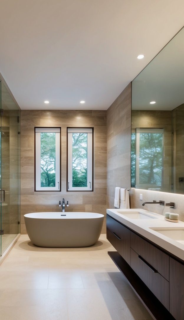 A modern bathroom featuring a freestanding oval bathtub in the center, surrounded by light beige stone walls and tile flooring. Two narrow windows with black frames are positioned above the tub, allowing natural light to illuminate the space. To the right, there is a sleek vanity with a white countertop and a sink, complemented by dark wood cabinetry.