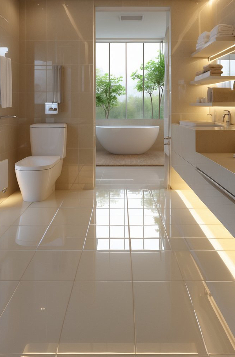 A modern bathroom featuring a white toilet and a sleek white bathtub visible through a large window, surrounded by greenery. The walls and floor are covered in beige tiles, with warm lighting highlighting the space.