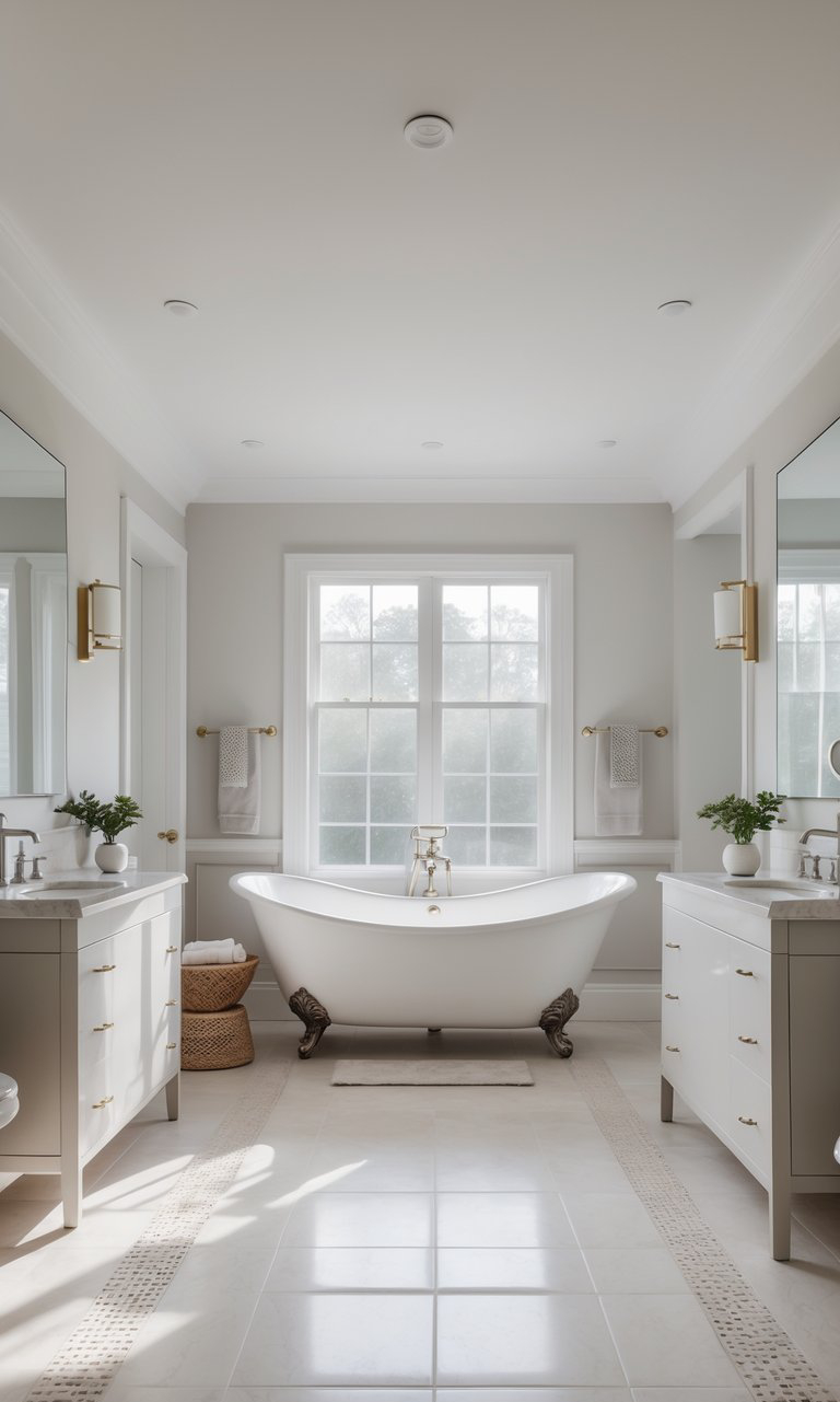 Bright and spacious bathroom featuring a freestanding white bathtub with vintage-style legs, flanked by two vanities with gold fixtures, large mirrors, and a window that provides natural light, while plants and towels add decorative touches.