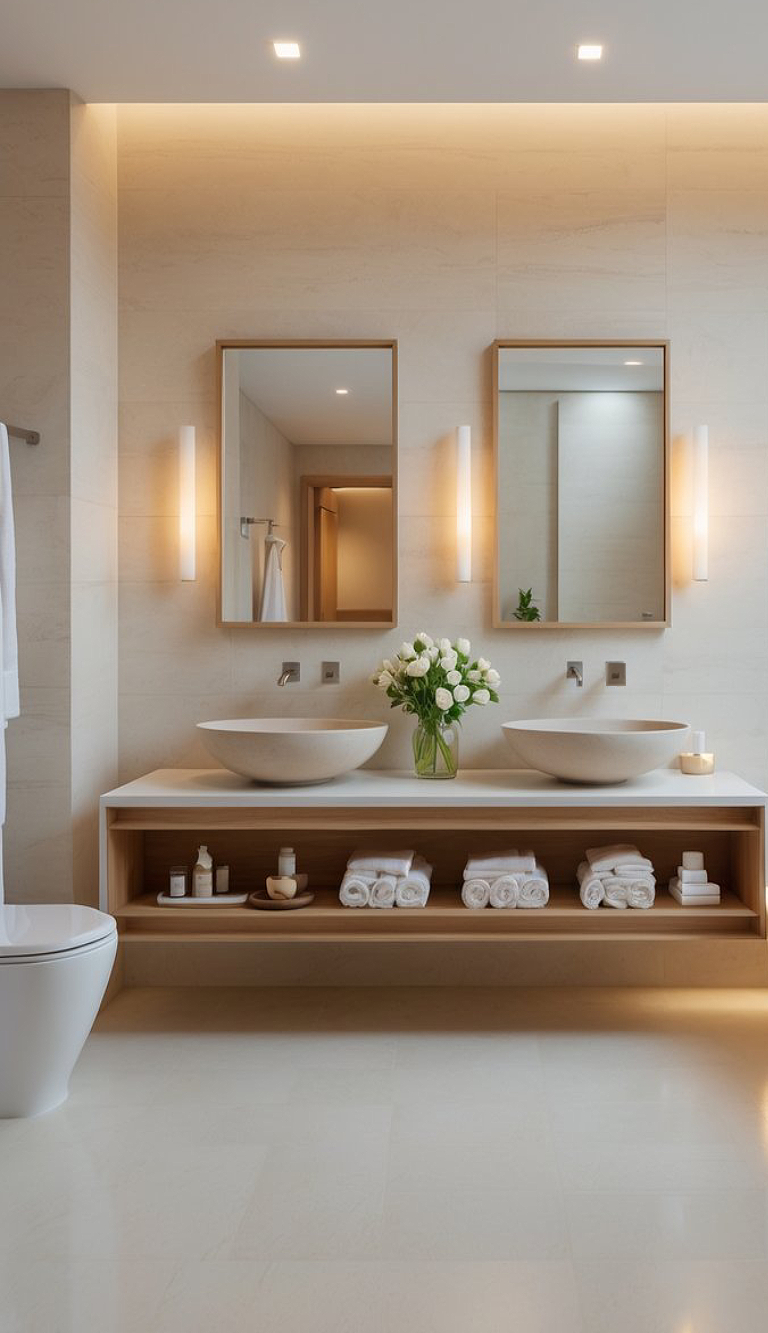 A modern bathroom featuring two round sinks, wooden accents, and large mirrors with soft wall lighting, complemented by a vase of white flowers on the countertop and neatly arranged towels below.