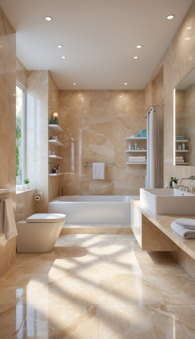 A modern bathroom featuring beige marble walls and floor, a white bathtub, a wall-mounted sink, and a toilet. Shelves hold toiletries, and daylight streams through a window, enhancing the bright and spacious atmosphere.