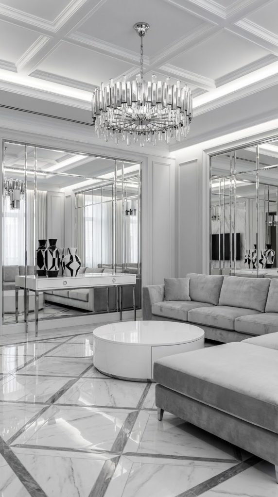 Sophisticated art deco living room idea featuring geometric marble tile flooring, mirrored walls with chrome trim, crystal chandelier, and gray sectional sofa.