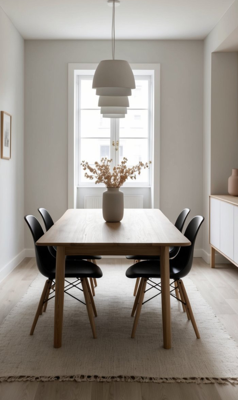 A minimalist dining room featuring a wooden table surrounded by four black chairs, with a large vase of dried flowers as a centerpiece. A pendant light hangs above the table and a window is visible in the background, allowing natural light to fill the space. A beige rug lies underneath the table.