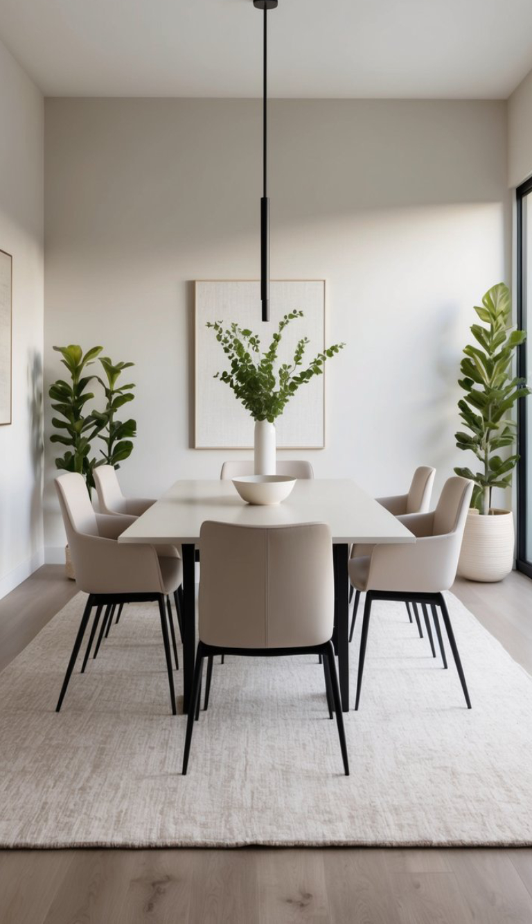 A modern dining room featuring a light-colored table surrounded by six beige chairs, with a vase of greenery at the center. The walls are adorned with minimalist artworks, and large plants are positioned in the corners, complementing the natural light from the windows.