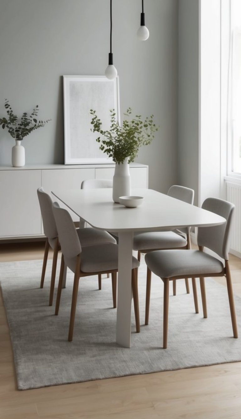 A modern dining room featuring a white table with rounded edges and a single pedestal leg, surrounded by six light gray upholstered chairs with wooden legs. A tall white vase filled with greenery is placed in the center of the table, and a small white bowl is also on the table. The background includes a light gray wall, a piece of framed artwork, and pendant lights hanging from the ceiling.