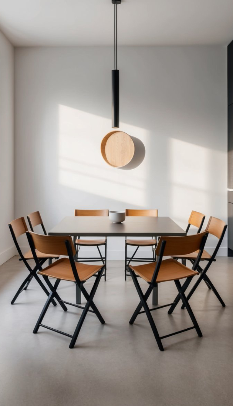 A modern dining area featuring a rectangular table surrounded by six folding chairs with wooden seats. Above the table hangs a sleek black pendant light with a circular wooden accent. The walls are a soft white, and natural light casts shadows across the floor.