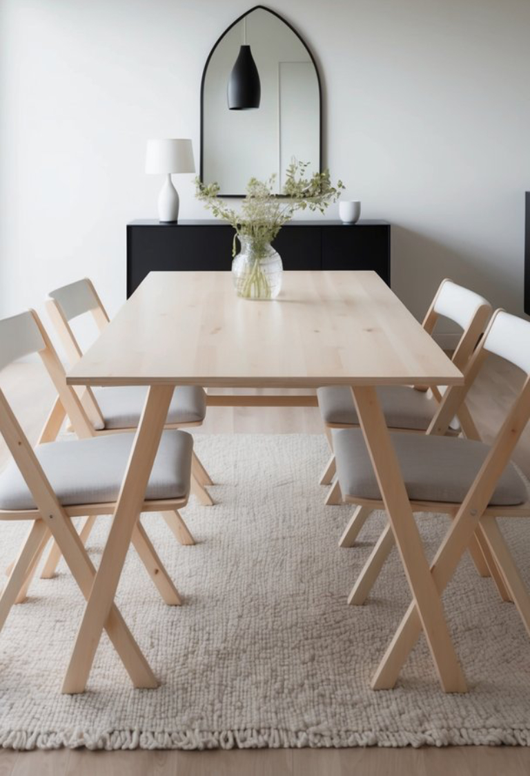 A modern dining area featuring a light wooden table surrounded by four folding chairs with gray cushions. A clear vase with greenery sits in the center of the table, while a large black sideboard and a decorative mirror with an arched frame are in the background. The space has a neutral color palette and a textured rug under the table.