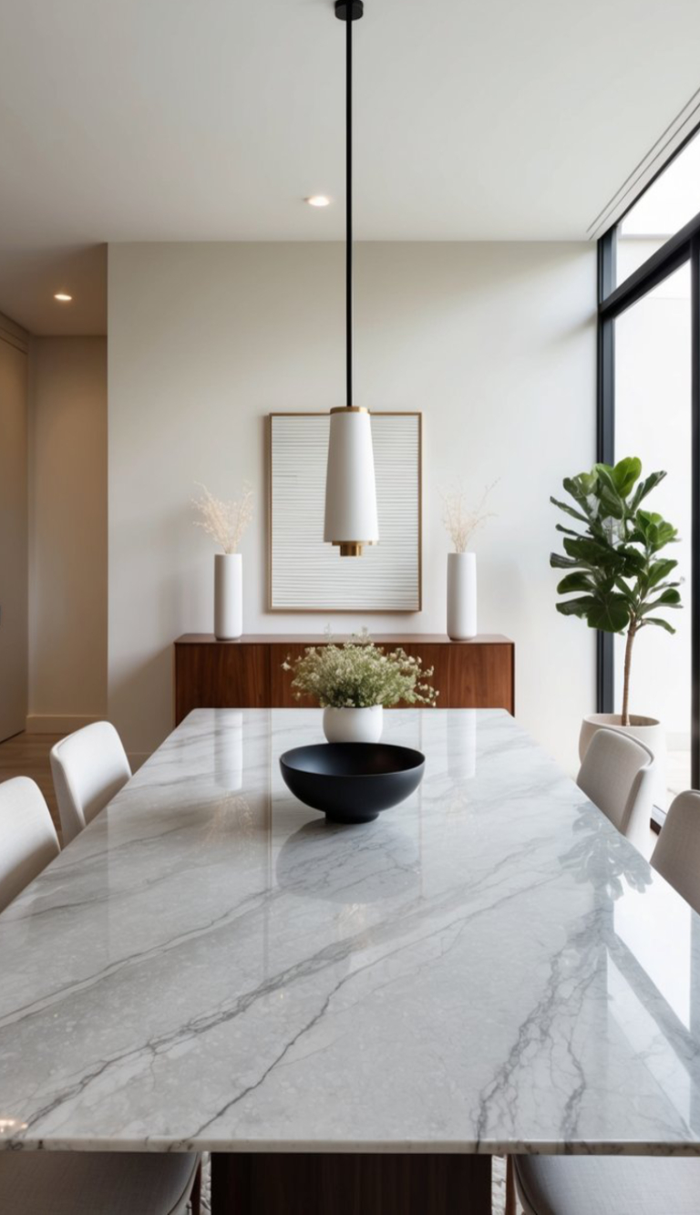A modern dining room featuring a sleek marble table with a dark bowl and a floral arrangement, surrounded by light-colored chairs, under a stylish pendant light. Behind the table, there is a wooden sideboard decorated with two white vases and a minimalistic wall art piece, complemented by a tall indoor plant.