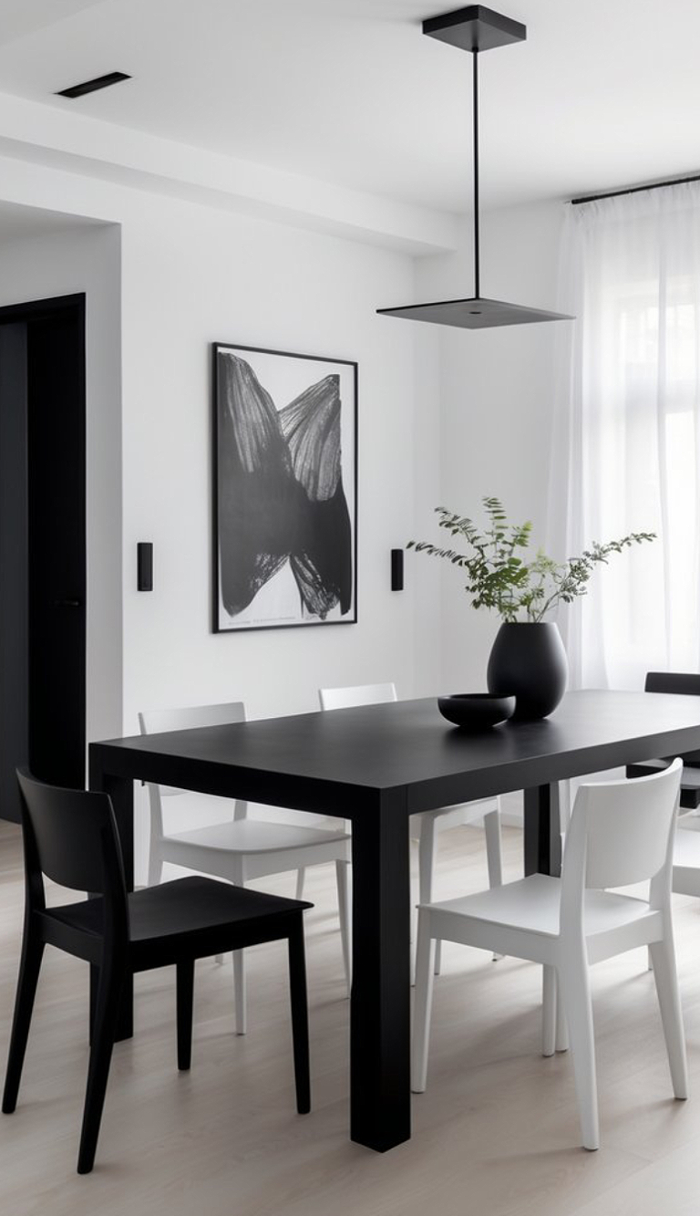 A modern dining area featuring a black rectangular table with six chairs, three in black and three in white. Above the table hangs a minimalistic black pendant light. A large abstract black-and-white artwork is mounted on the wall, and a black vase with greenery sits on the table. The room has white walls and light-colored wooden flooring.