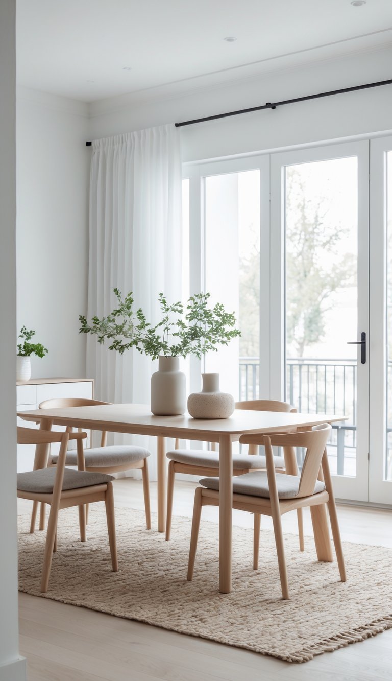 A light, modern dining area featuring a wooden table with three chairs, surrounded by large windows letting in natural light. The table is decorated with a vase containing greenery and a textured cream-colored vase, along with a light brown rug underneath.