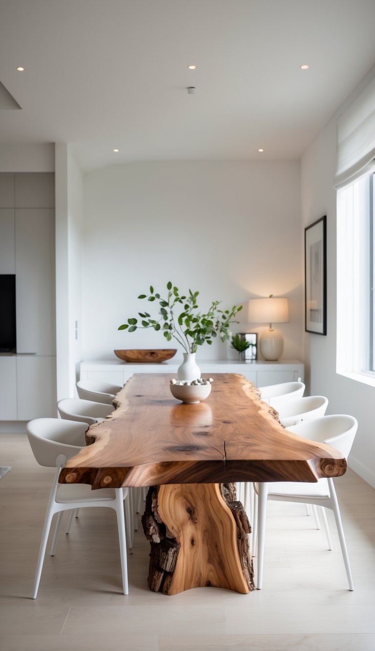 A modern dining room featuring a large, rustic wooden table with unique grain patterns and an organic shape supported by a natural wood base. Surrounding the table are six white chairs, and a minimalistic decor includes a vase with green branches, a bowl on a side table, and a lamp beside the table.