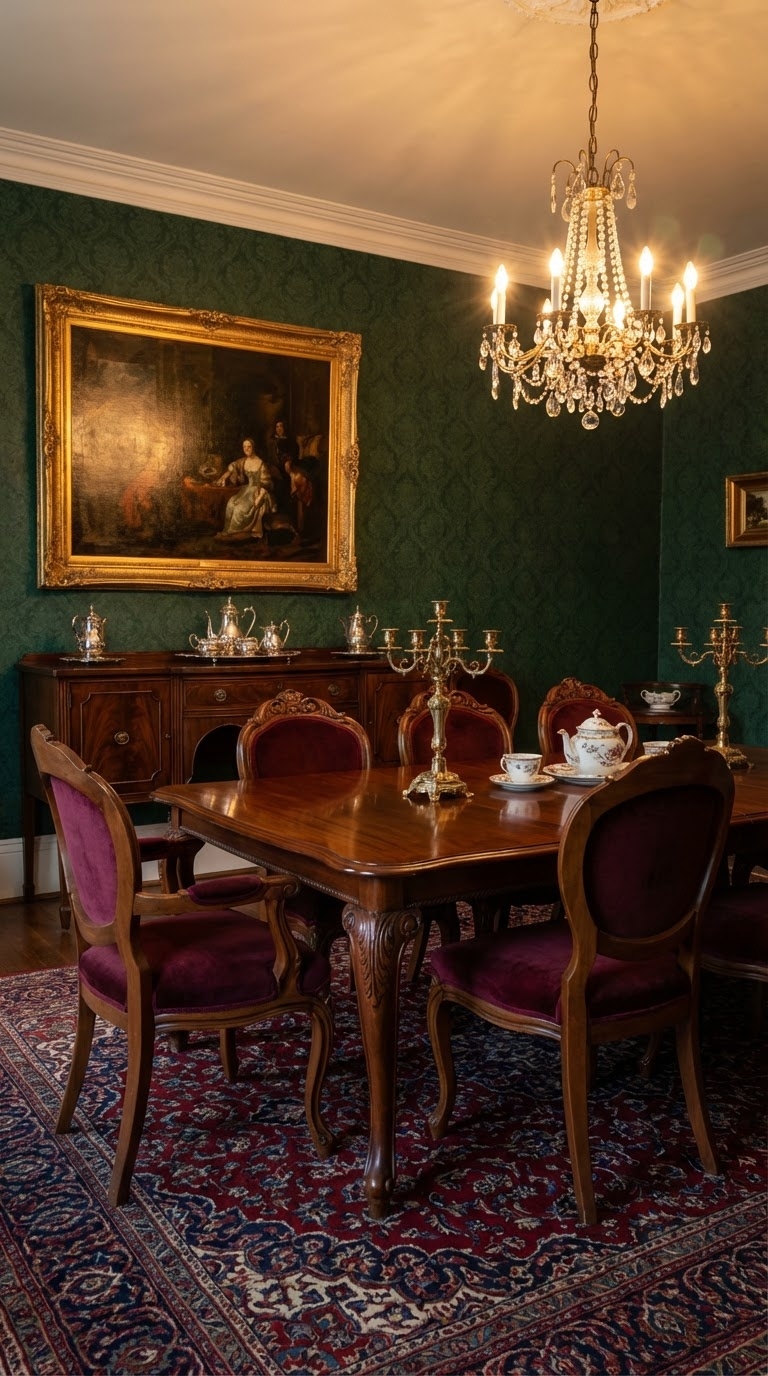 An elegant dining room with green wallpaper, featuring a wooden dining table surrounded by burgundy chairs, a crystal chandelier, and a large gold-framed painting on the wall. A sideboard displays silverware and decorative items.