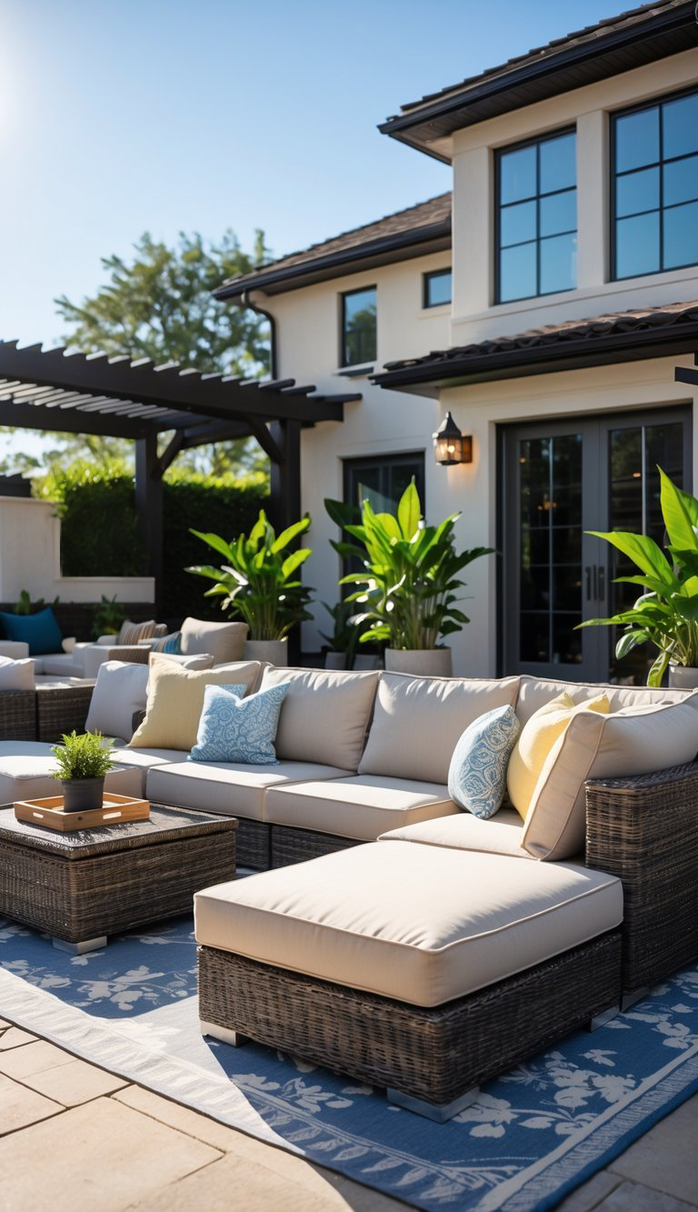 A stylish outdoor seating area featuring a large sectional sofa with beige cushions and colorful throw pillows, accompanied by a woven coffee table and a decorative plant, all set on a patterned blue rug. The background includes a modern house with large windows and greenery.