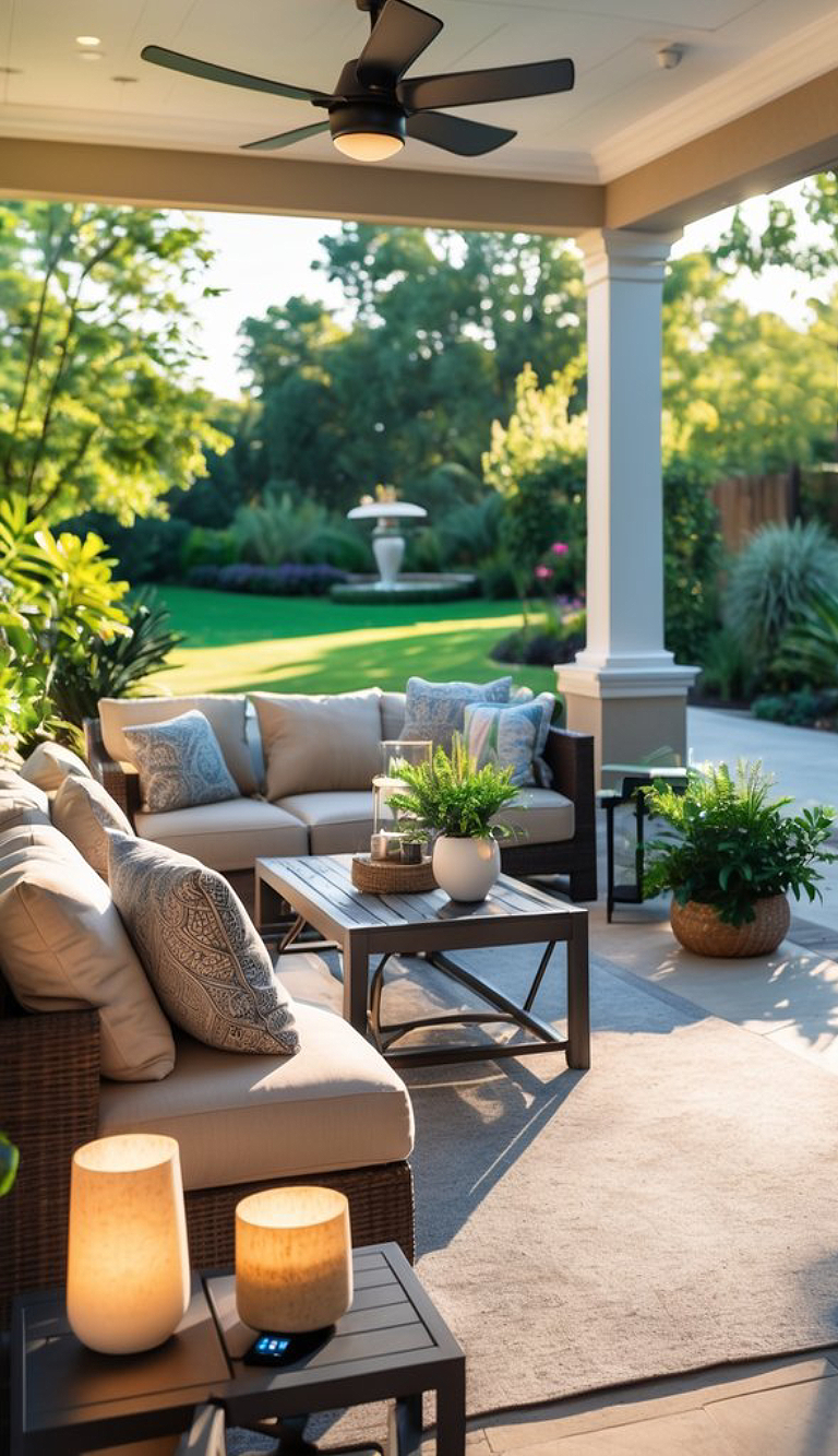 A cozy outdoor patio with a comfortable beige sectional sofa adorned with patterned throw pillows, a wooden coffee table, and decorative plants. Two glowing lamps sit on side tables, and a lawn with green grass and plants is visible in the background, along with a decorative fountain.