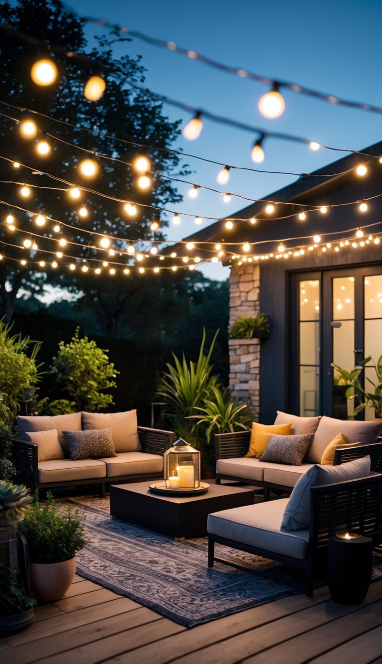 A cozy outdoor patio at twilight, featuring string lights overhead, four stylish lounge chairs with soft cushions, and a low coffee table with a lantern and candles, surrounded by lush plants and a wooden deck.