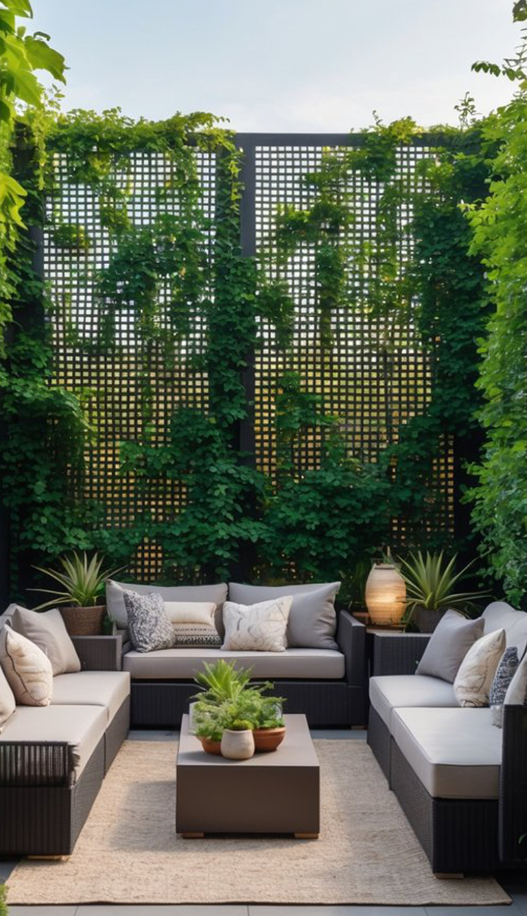 A stylish outdoor seating area featuring dark wicker couches with light cushions, arranged around a modern coffee table, set against a backdrop of a trellis covered in lush green vines, with potted plants and a lantern adding a cozy touch to the ambiance.