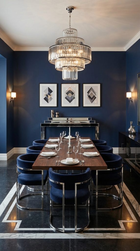 Art deco dining room idea with navy blue walls, tiered crystal chandelier, walnut dining table, chrome-framed blue velvet chairs, and black stone floor with white geometric border.