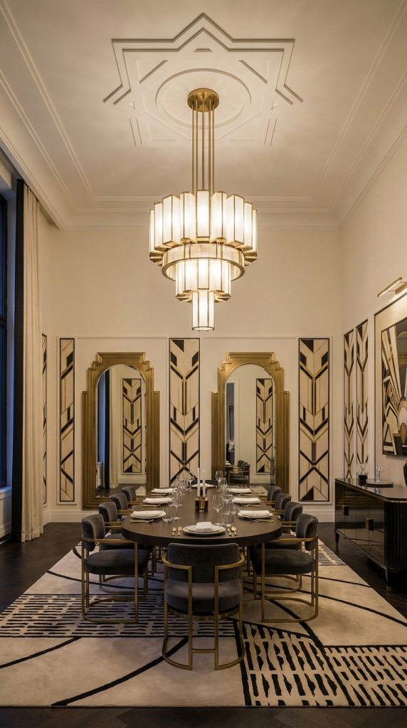 Art deco dining room idea with chevron wall panels, stepped ceiling medallion, tiered brass chandelier, round dark wood table, and velvet chairs with gold frames.