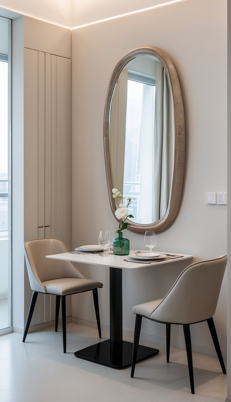A modern dining nook featuring a small white table with two beige upholstered chairs, set with plates and glasses. An oval mirror with a decorative frame hangs on the wall, reflecting natural light from a nearby window.