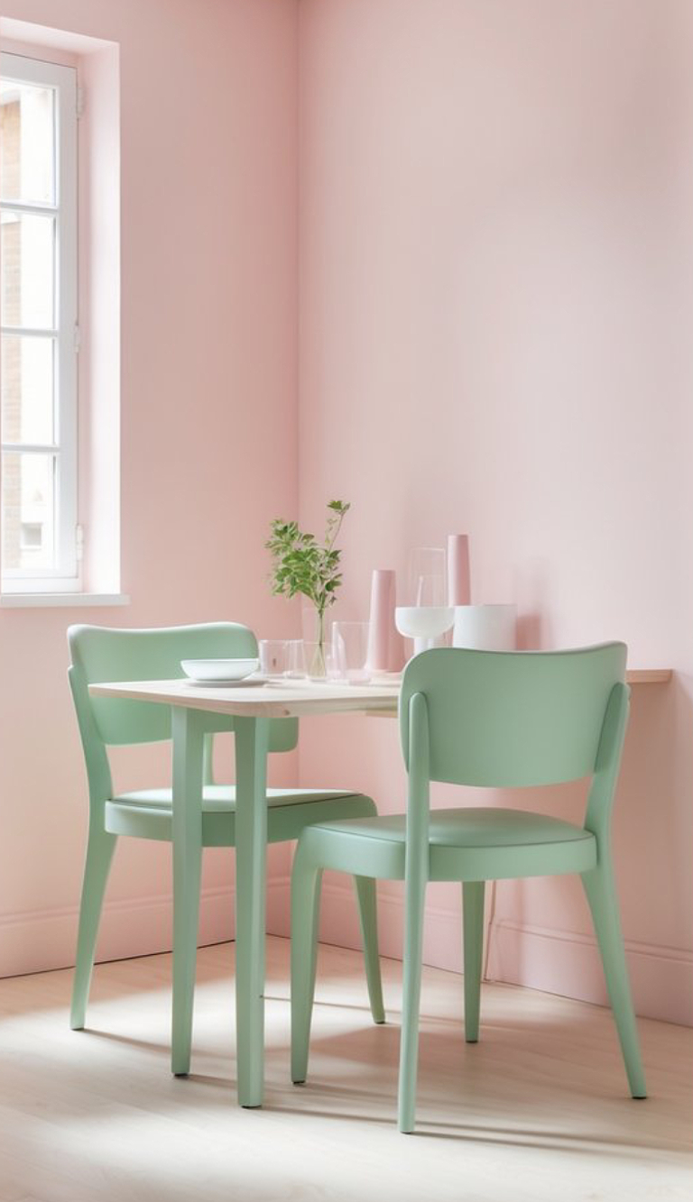 A cozy corner of a room featuring a light wooden table surrounded by two mint green chairs, set against a pastel pink wall. A small vase with greenery and various glassware and decorative vases in soft pink and white are arranged on the table.