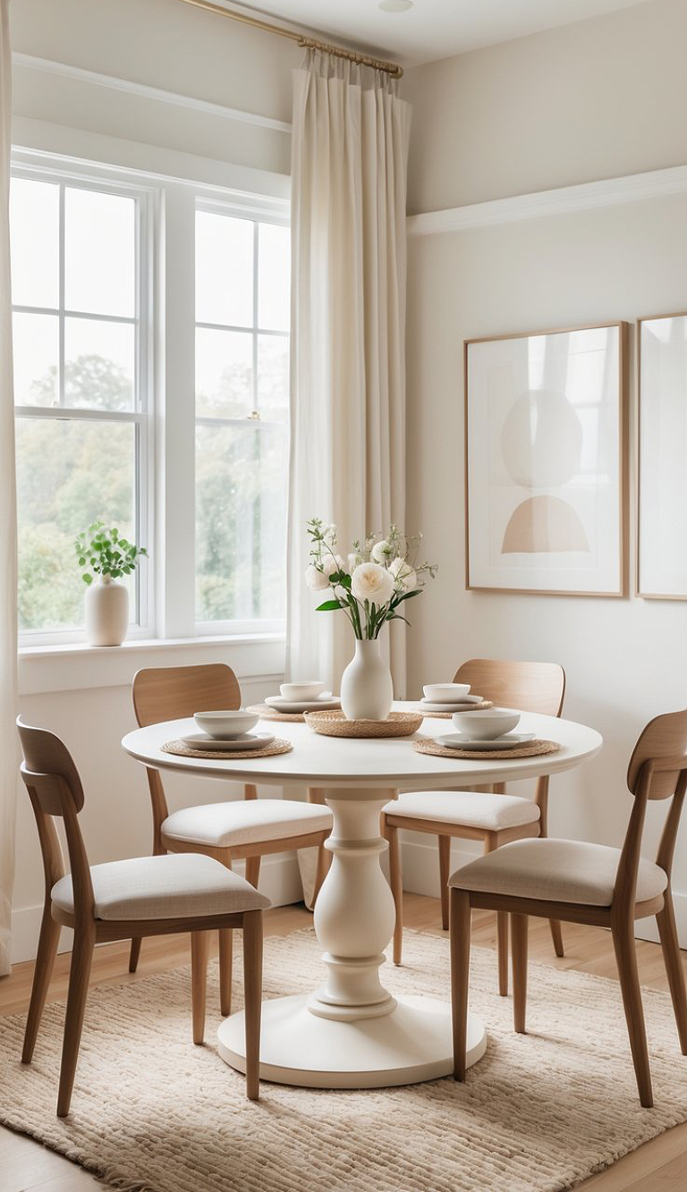 A modern dining area featuring a round white table surrounded by four wooden chairs with beige cushions. The table is set with plates and a woven placemat, and a vase of white flowers is displayed in the center. Large windows with white curtains allow natural light to fill the room, complemented by soft beige walls and framed abstract art on the wall.