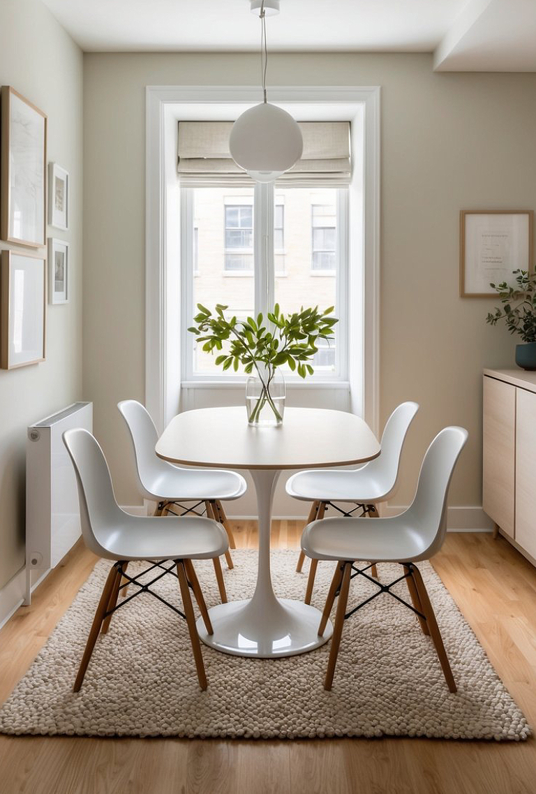 A modern dining area featuring a white oval table surrounded by four white chairs with wooden legs, set on a textured beige rug, with a vase of greenery on the table, natural light streaming in through large windows.