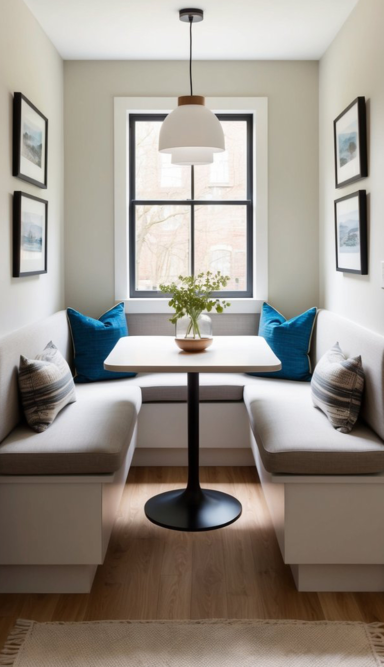 A cozy dining nook with a round black table at the center, surrounded by cushioned benches. The benches are adorned with blue and patterned pillows, and a small vase with greenery sits on the table. Above, a modern pendant light hangs from the ceiling, while framed pictures decorate the walls beside a large window that lets in natural light.