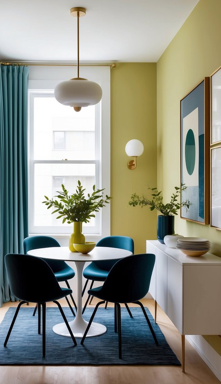 A modern dining area featuring a round white table surrounded by four teal chairs, with a yellow vase holding greenery on the table. The walls are painted a light olive green and a large window with sheer curtains allows natural light to flood the room. A white sideboard with decorative plates sits against the wall, and abstract artwork is framed and mounted nearby.