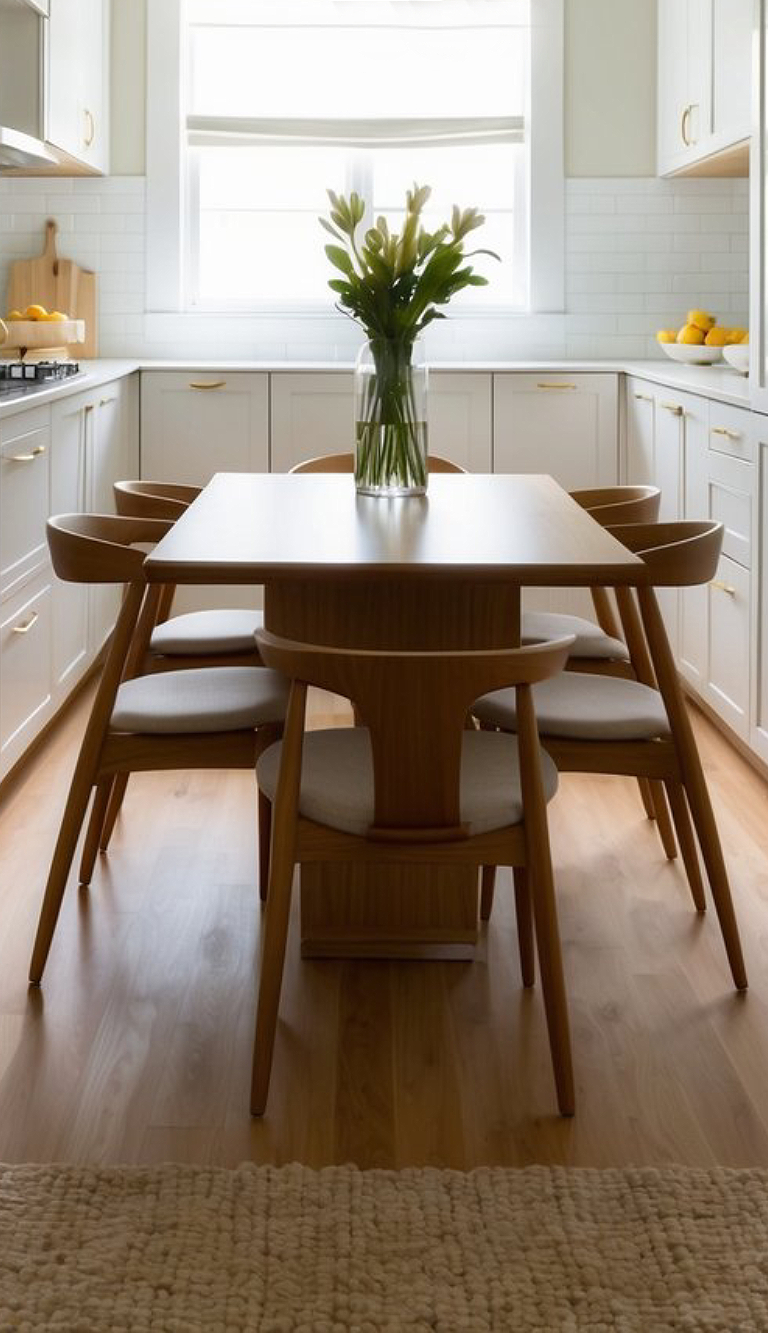 A modern kitchen features a wooden dining table surrounded by five chairs, with a vase of green lilies in the center; natural light filters through a large window, illuminating the space filled with light-colored cabinetry and a subtle backsplash.
