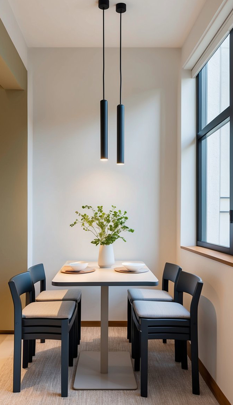 A minimalist dining nook featuring a square table with two white plates on a light-colored tablecloth, surrounded by four black wooden chairs with gray cushions. Overhead, two sleek black pendant lights hang down, illuminating a vase containing greenery. A large window lets in natural light, with simple curtain treatments.