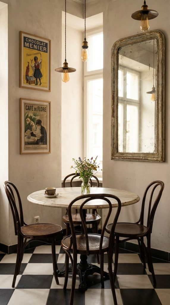 Carrara marble café table and dark bentwood chairs in a vintage dining room idea with brass pendant lights and checkerboard floor.